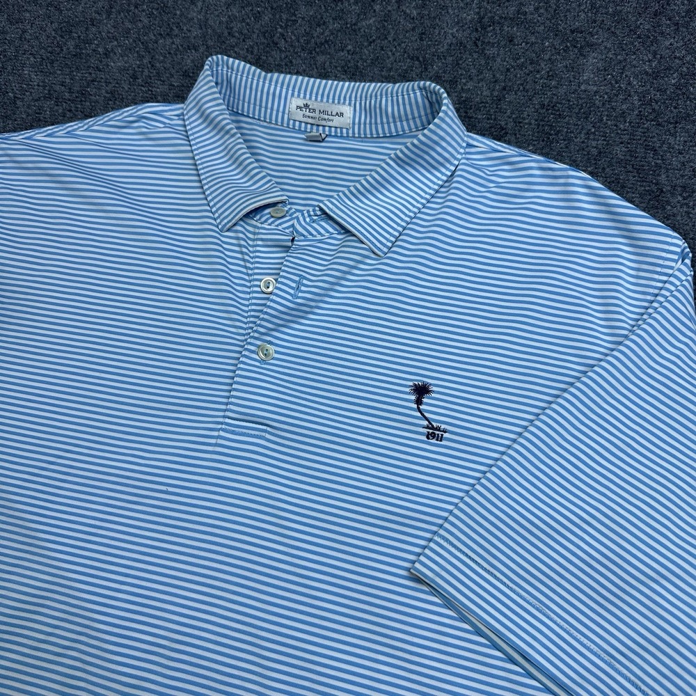 Peter Millar Summer Comfort Polo Shirt Mens L Blue Striped Golf 1911 STAINED